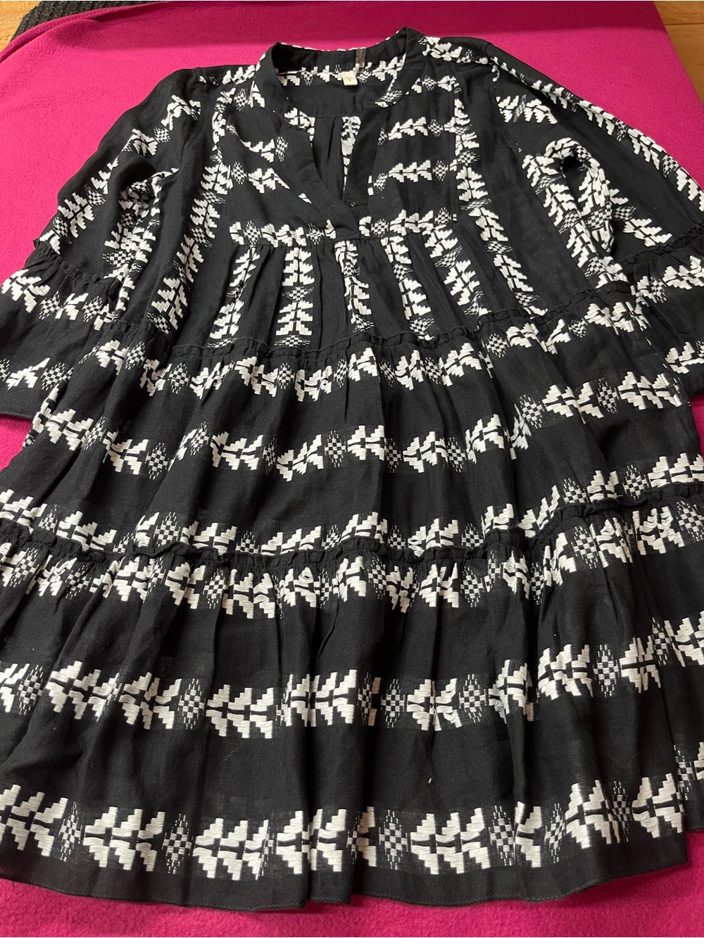 Elan Black and White Embroidered Tiered Mini Tunic Dress